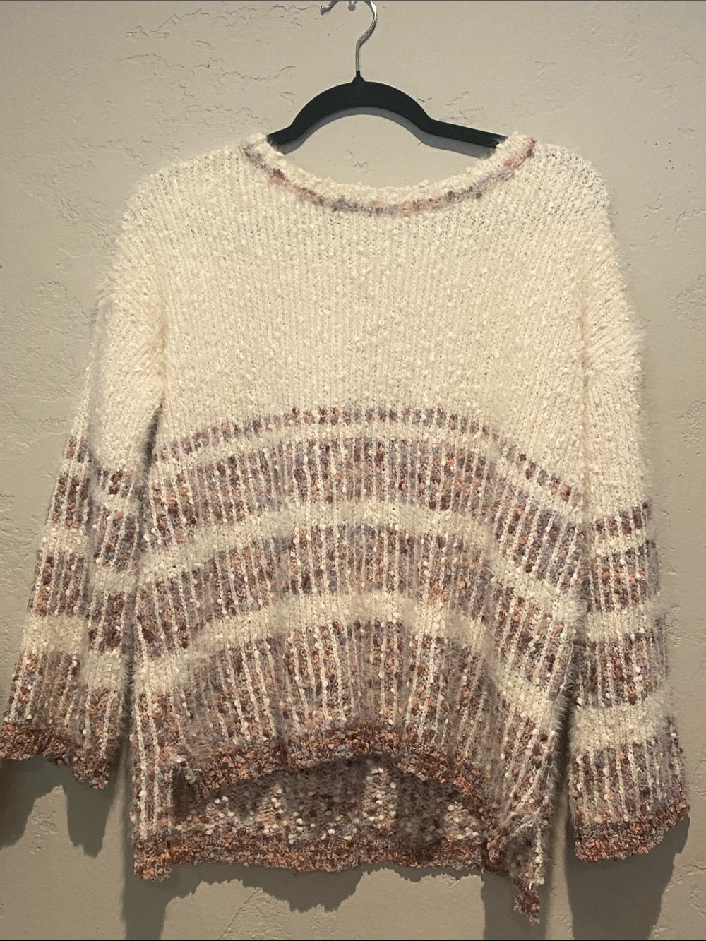 Umgee Cream Fuzzy Crew Sweater with Taupe Stripes